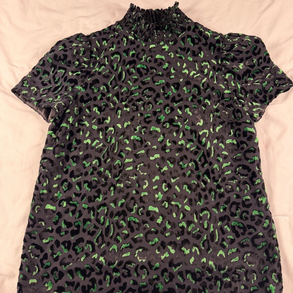 Milly Green Black Leopard Print Smocked Mock Neck Blouse Small Chic Luxury